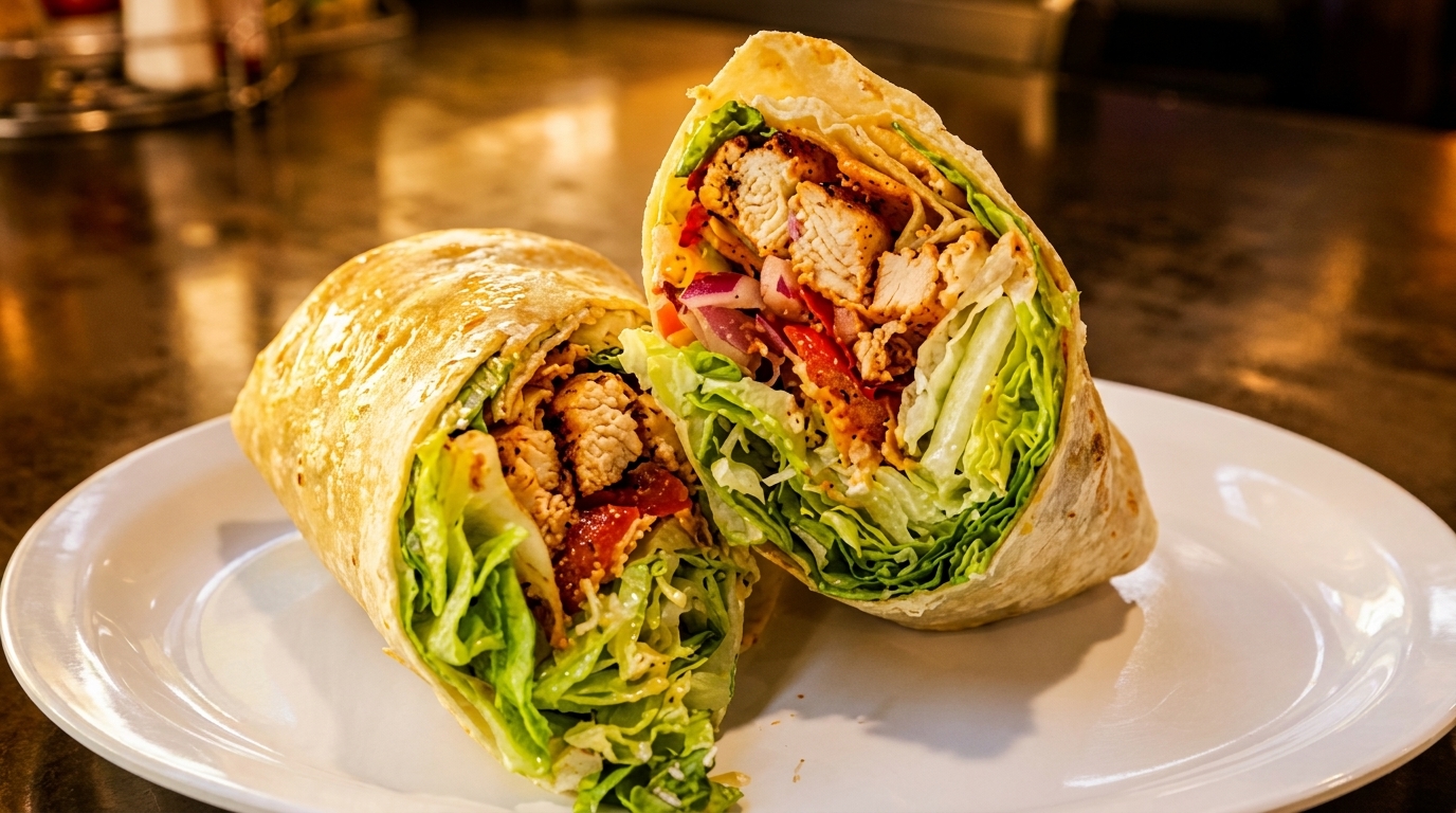 Two halves of a chicken wrap filled with lettuce, red onion, and sauce on a white plate.
