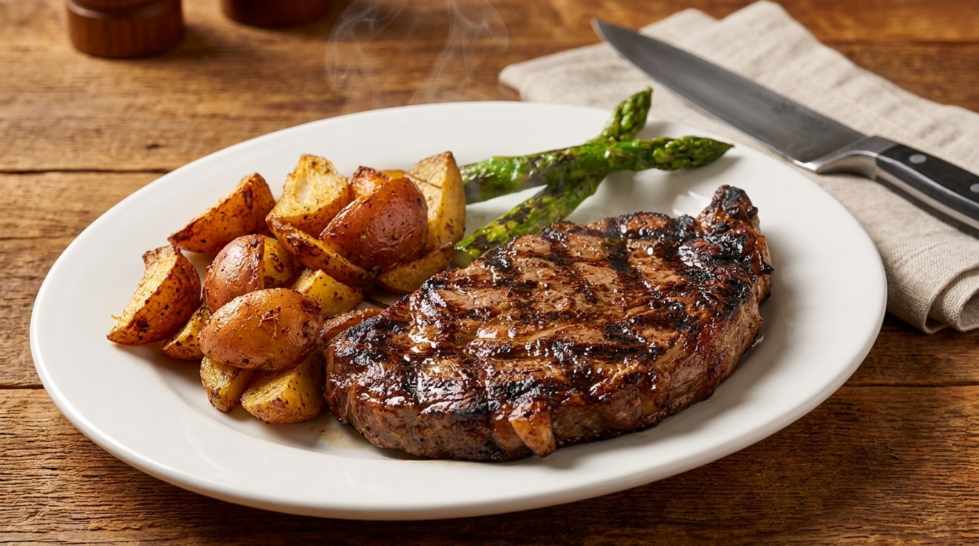 Steaming grilled steak with roasted potatoes and asparagus on a white plate on a wooden table.