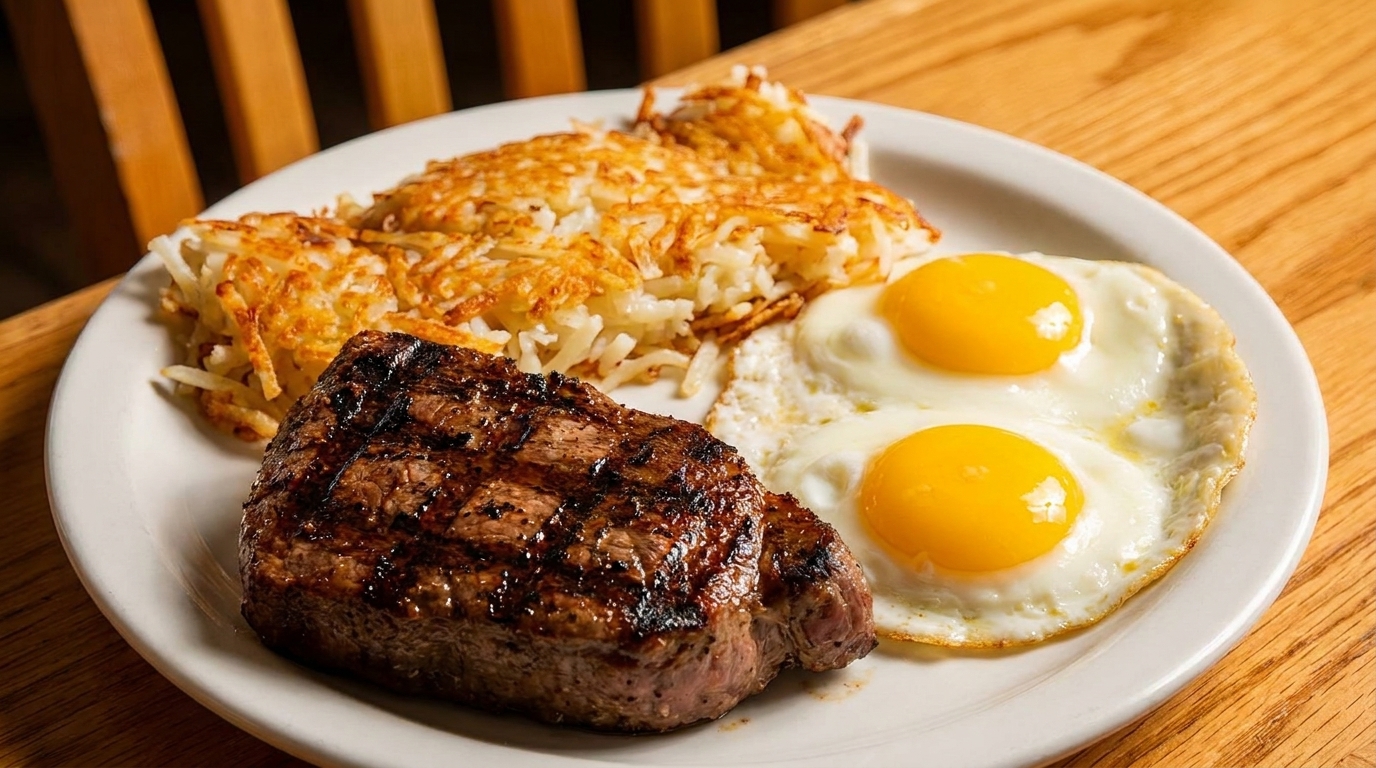 Grilled steak, two sunny-side-up eggs, and hash browns on a white plate.