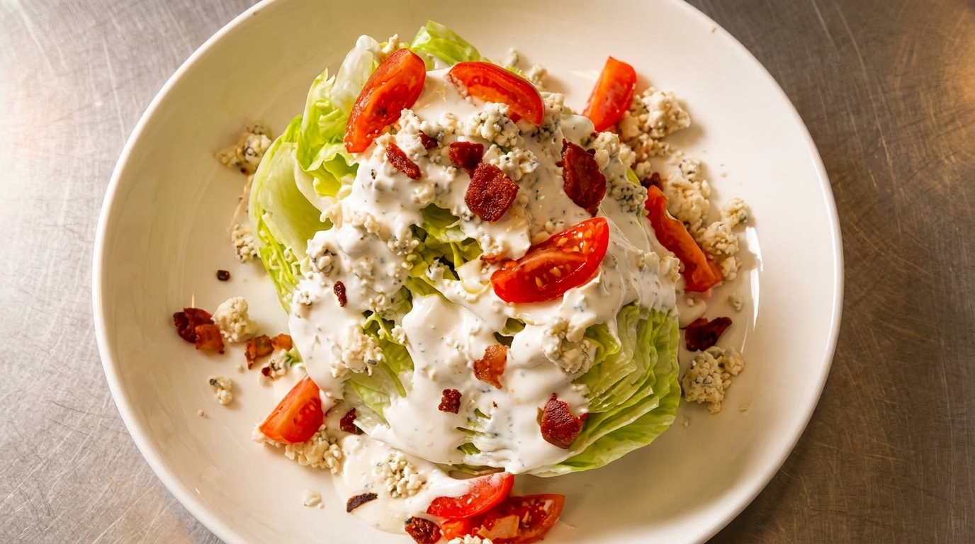 Wedge salad with blue cheese dressing, bacon bits, and cherry tomatoes on a white plate.