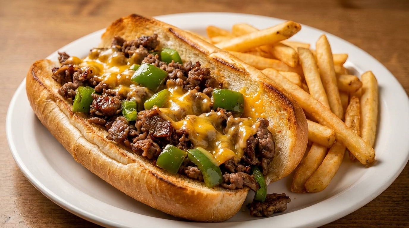 Cheesesteak sandwich with melted cheese, green peppers, and steak, served with french fries.