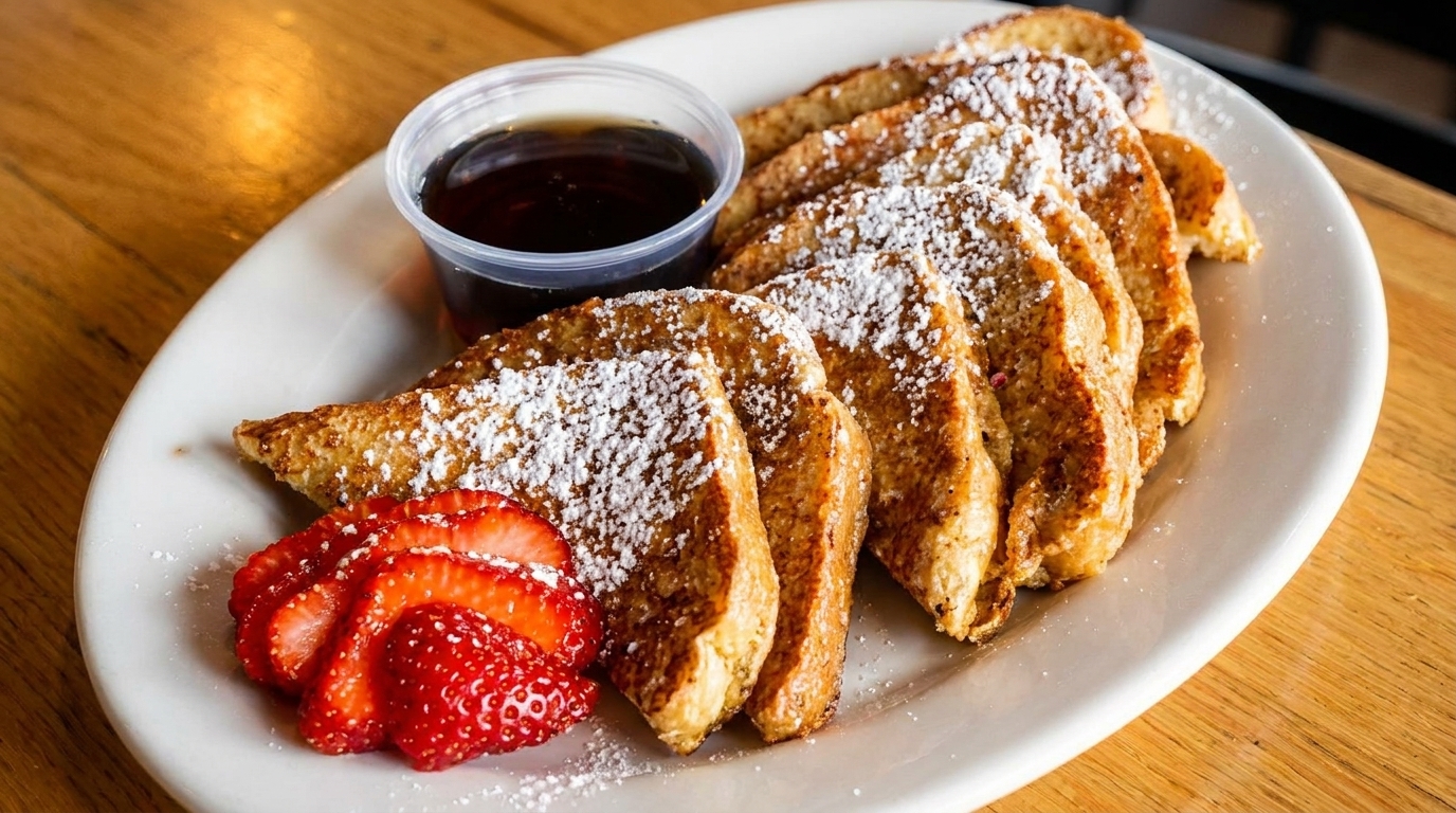 French toast slices with powdered sugar, sliced strawberries, and a side of syrup on a white plate.