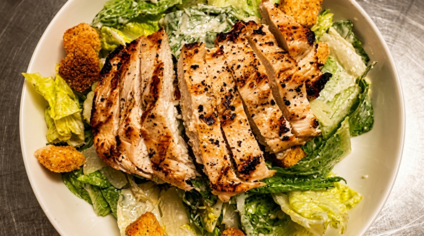 Grilled chicken Caesar salad with romaine lettuce, croutons, and creamy dressing in a white bowl.