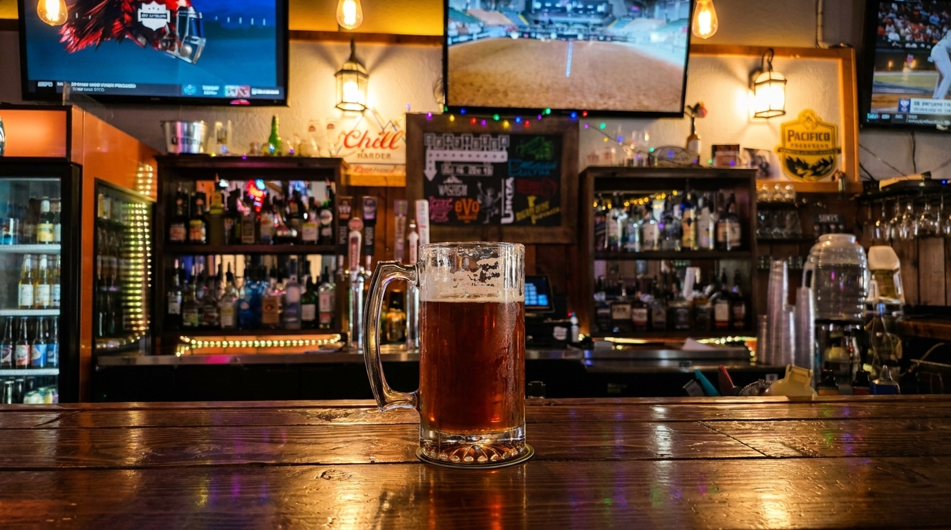 A beer mug sits on a wooden bar counter in a lively pub with TVs and liquor bottles.