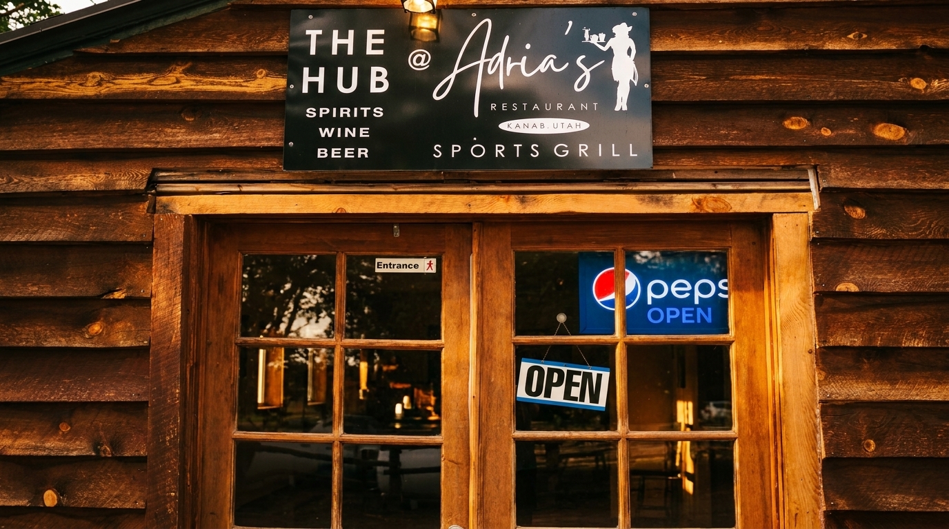 The Hub @ Adria's Restaurant and Sports Grill sign above wooden double doors with an "OPEN" sign.