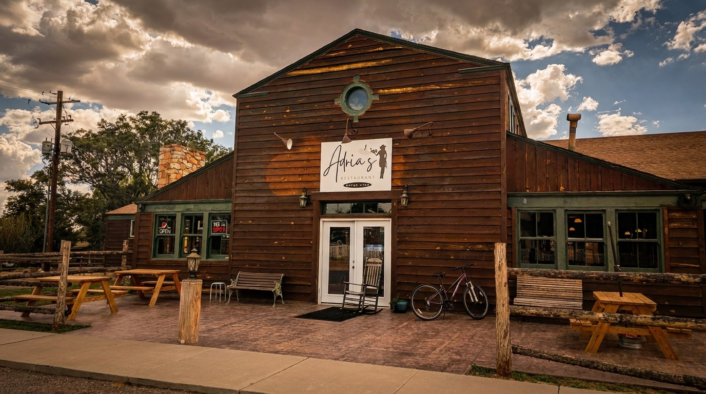 Adria's Restaurant, a rustic wooden building with outdoor picnic tables, under a cloudy sky.