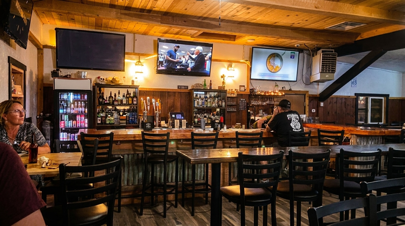 A cozy bar interior with patrons, wooden accents, multiple TVs, and a well-stocked bar.