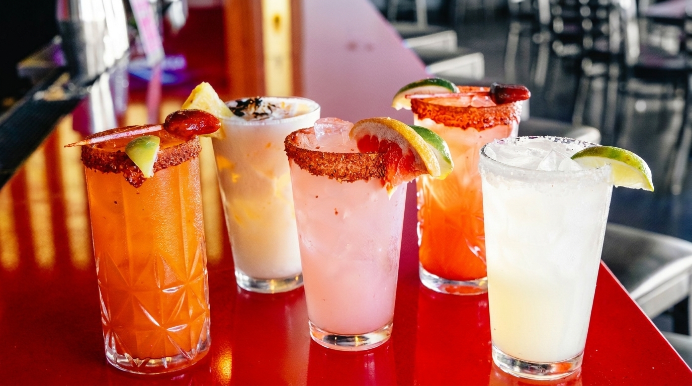 Five colorful cocktails with various garnishes, including lime, pineapple, and chili-salt rims, on a red bar.
