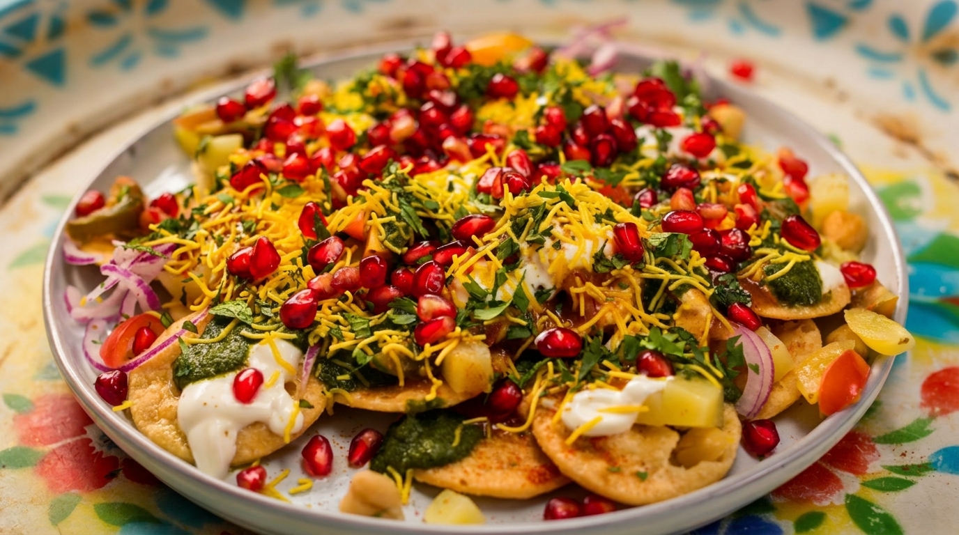 A vibrant plate of Indian chaat, topped with pomegranate seeds, sev, cilantro, and sauces.