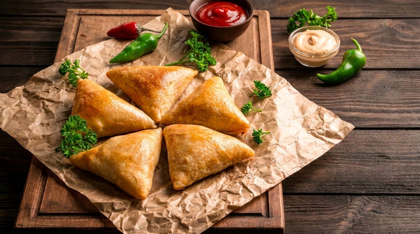 Five golden-brown samosas on crumpled parchment paper with sauces and peppers on a wooden board.