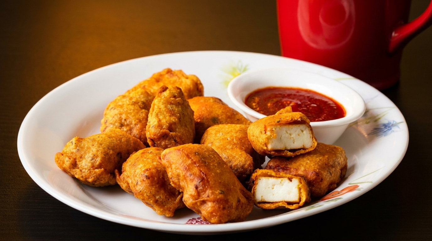 Golden-fried paneer pakora with a side of red dipping sauce and a red mug.