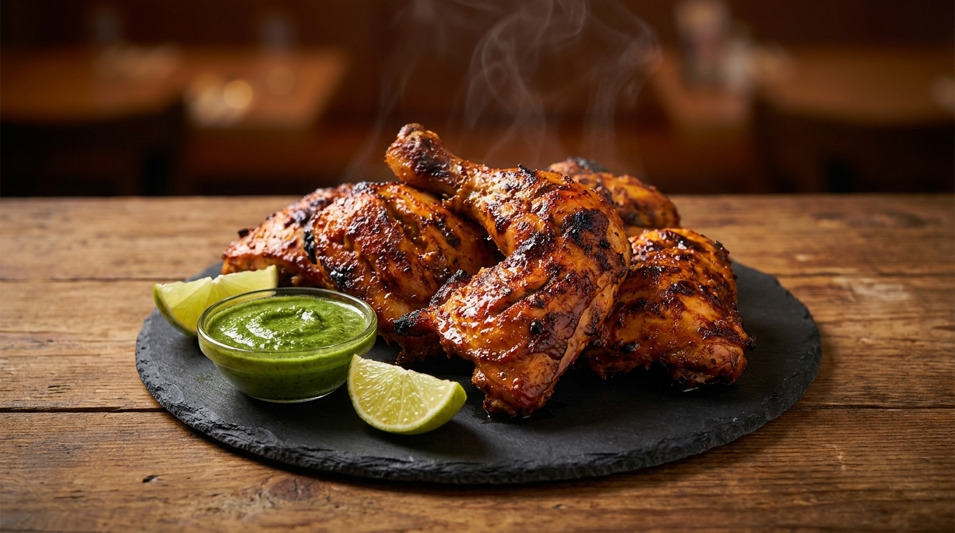 Steaming grilled chicken pieces with lime wedges and green chutney on a dark plate.