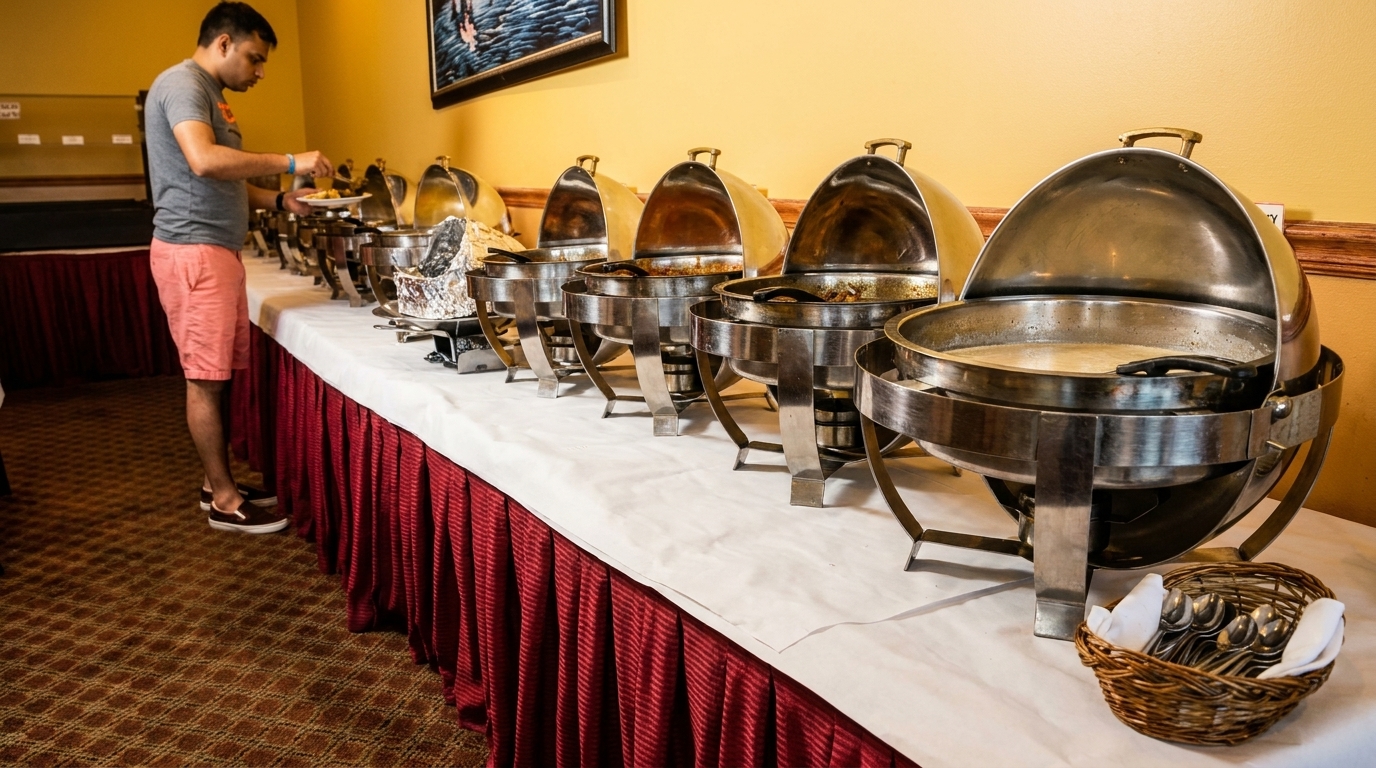 A man serving himself from a buffet line with multiple chafing dishes filled with food.