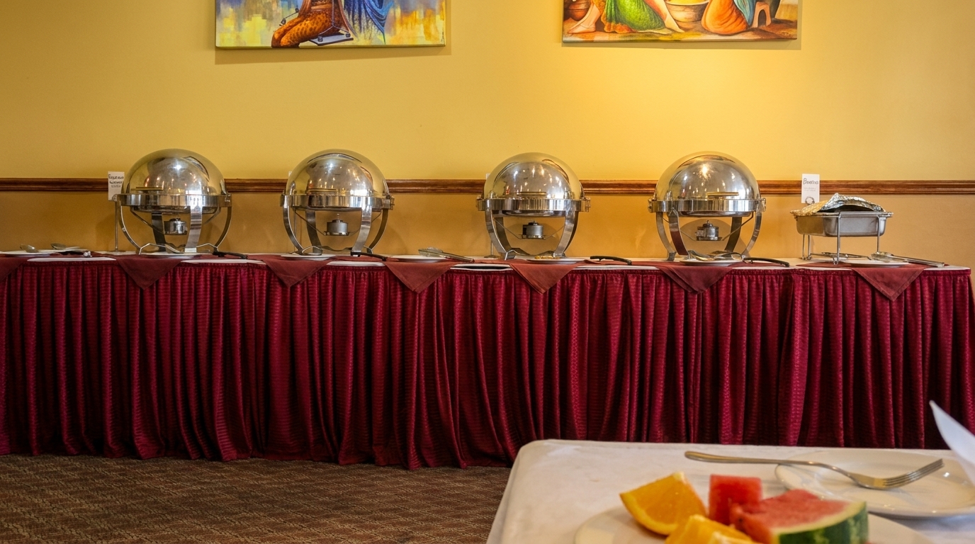 A buffet line with four silver chafing dishes on a red-skirted table, with fruit in the foreground.