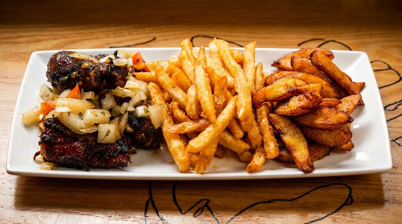Grilled chicken with onions, french fries, and plantain fries on a white rectangular plate.
