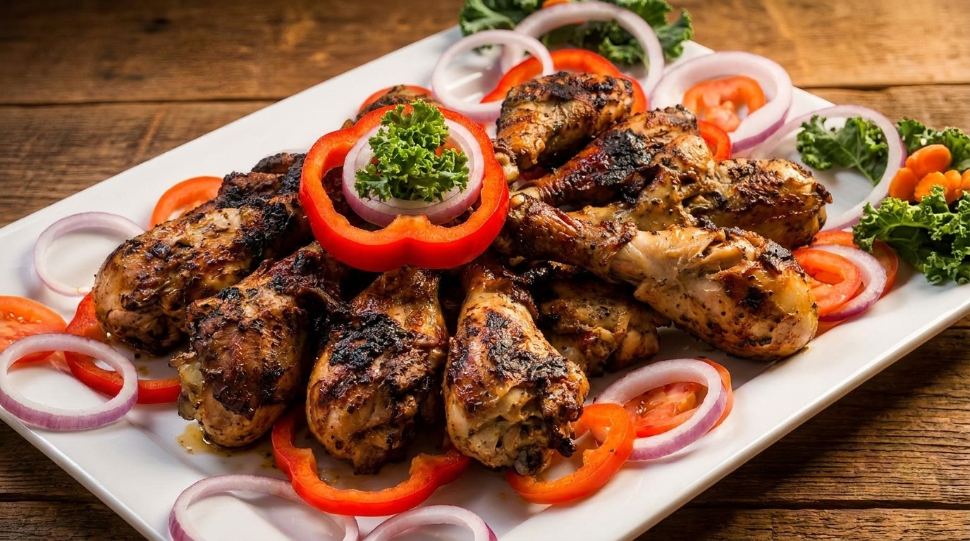 Grilled chicken drumsticks garnished with red bell pepper, red onion, tomatoes, and kale on a white platter.
