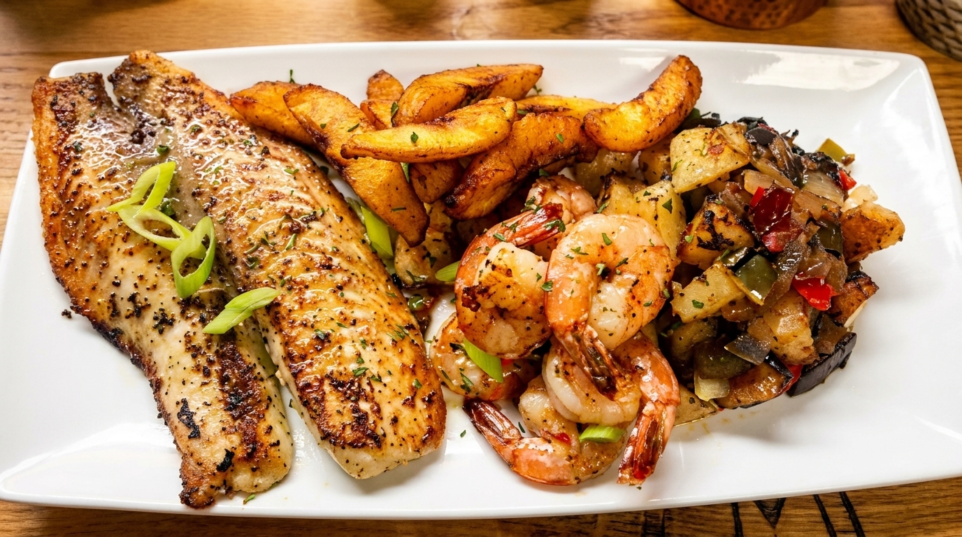 Grilled fish fillets, shrimp, potato wedges, and mixed vegetables on a white plate.