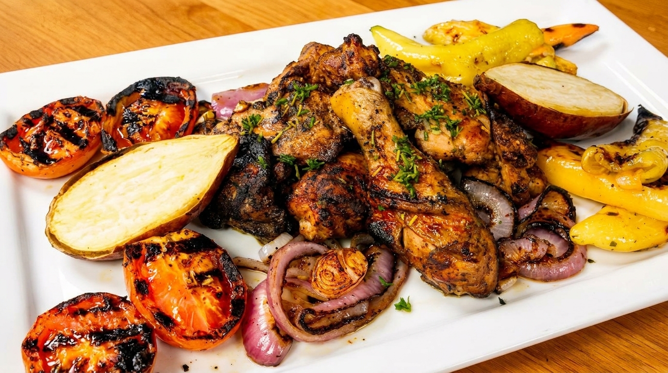 Grilled chicken pieces, sweet potatoes, tomatoes, onions, and yellow peppers on a white platter.