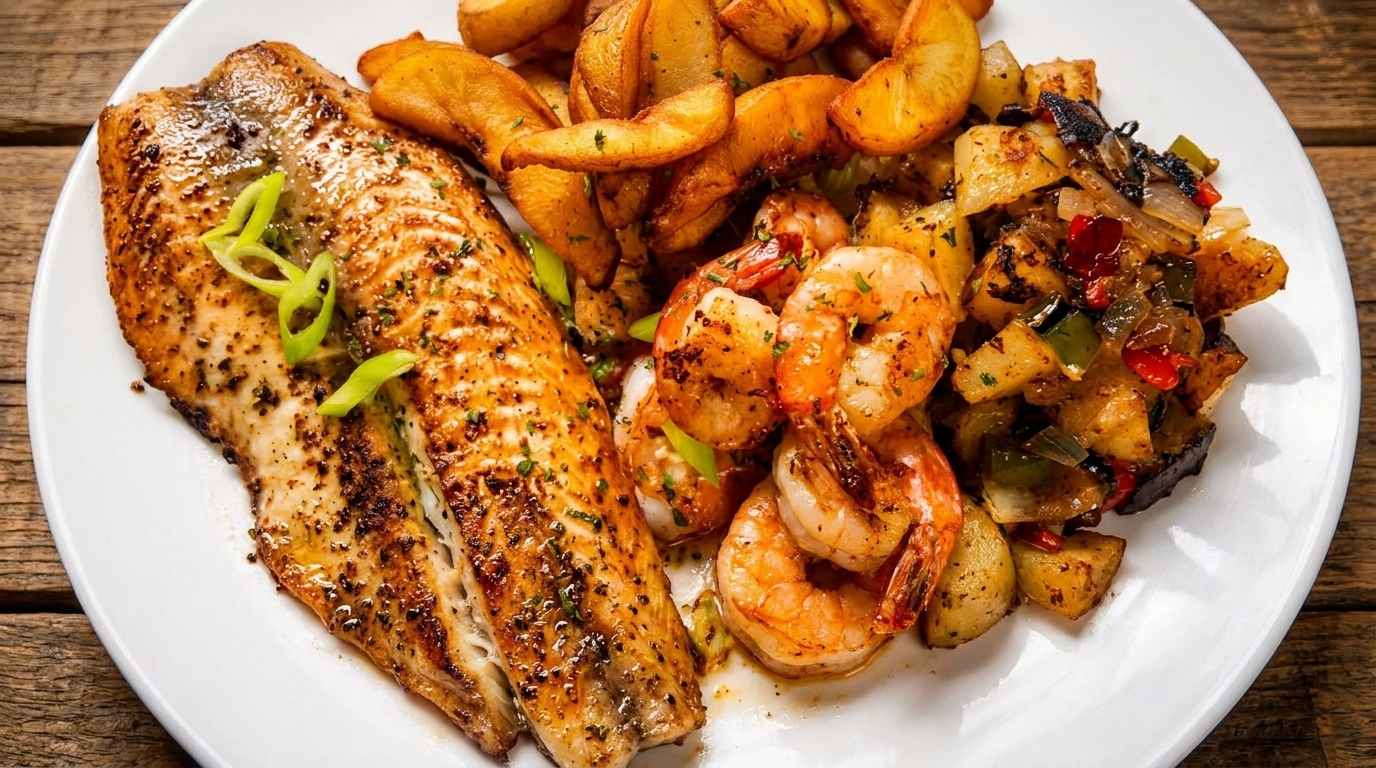 Grilled fish fillet with shrimp, potato wedges, and roasted vegetables on a white plate.