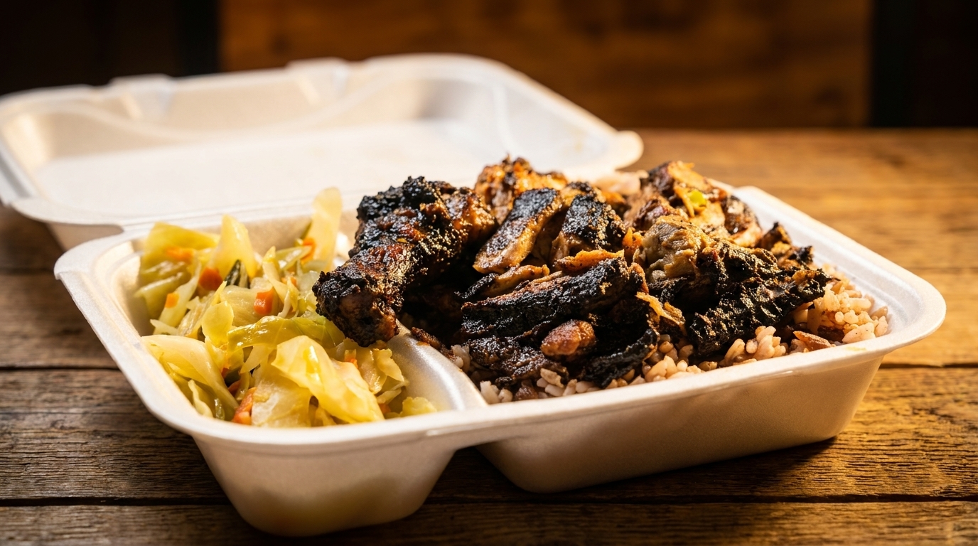 Jerk chicken, rice, and cabbage in a white takeout container on a wooden table.
