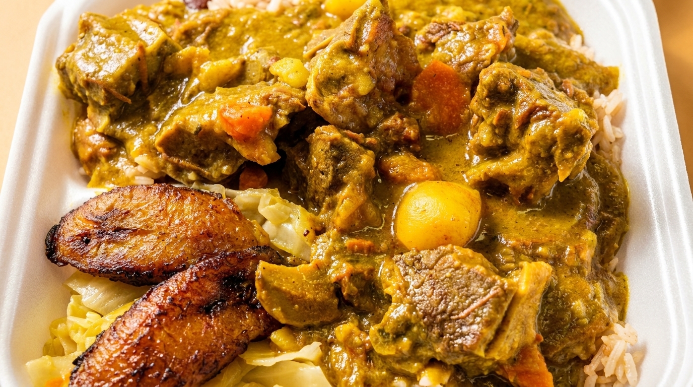Curried goat with rice, cabbage, and fried plantains in a white takeout container.