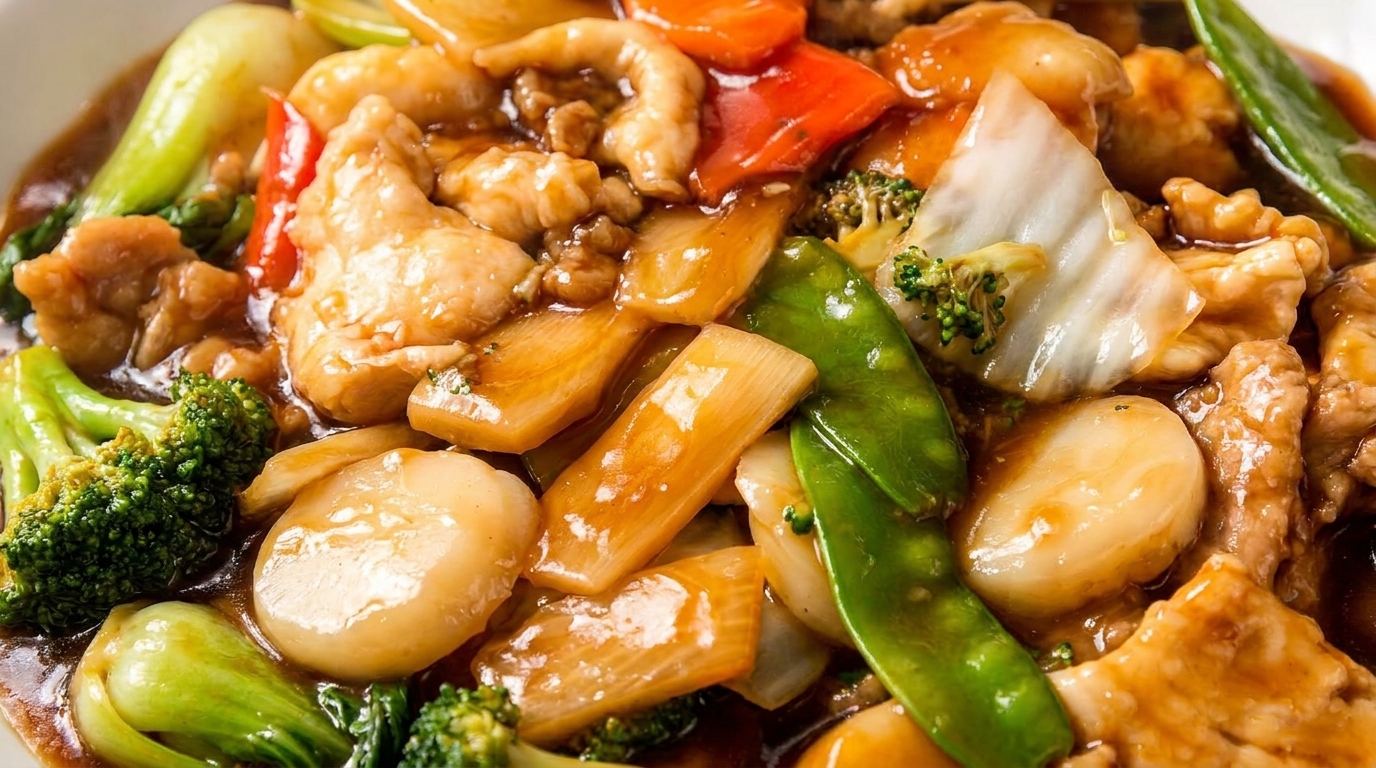 Close-up of chicken and mixed vegetables in a savory brown sauce, including broccoli, snow peas, and bok choy.