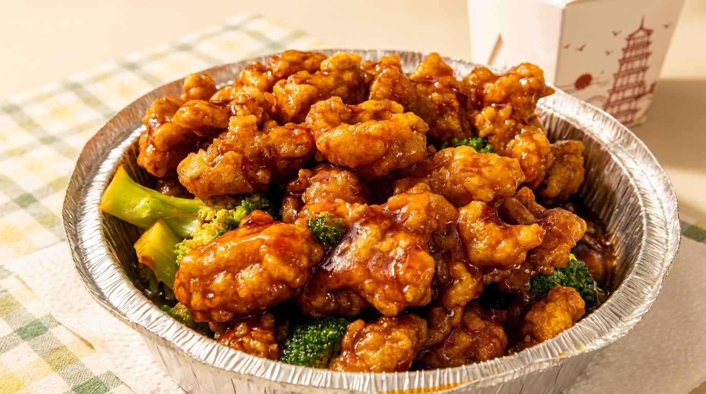 Orange chicken and broccoli in a foil takeout container, with a Chinese takeout box in the background.
