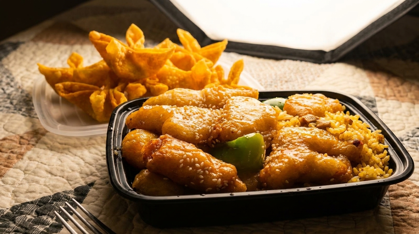 Sesame chicken with fried rice and crab rangoon in takeout containers on a patterned tablecloth.
