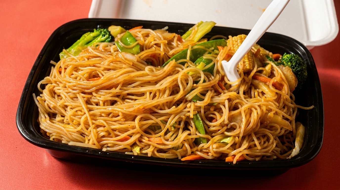 Chow mein noodles with broccoli, carrots, and snow peas in a black takeout container with a fork.