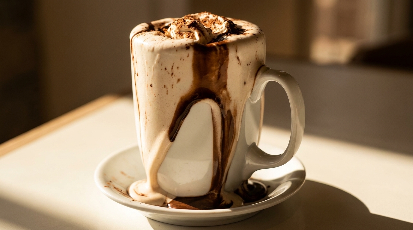 Hot chocolate in a white mug, overflowing with whipped cream and chocolate syrup, on a saucer.