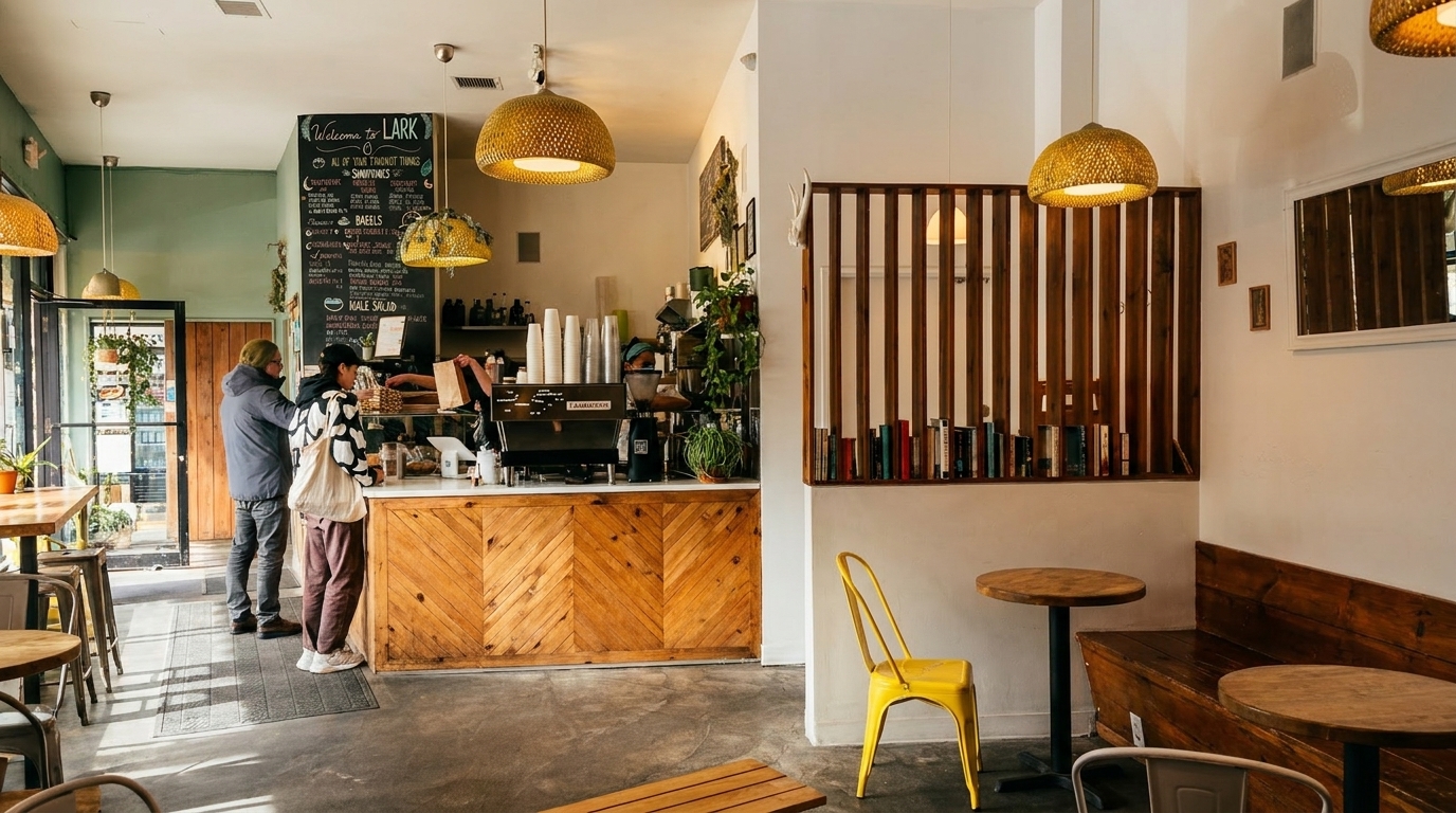 Customers ordering at a bright, modern cafe with wooden accents, yellow chairs, and a chalkboard menu.