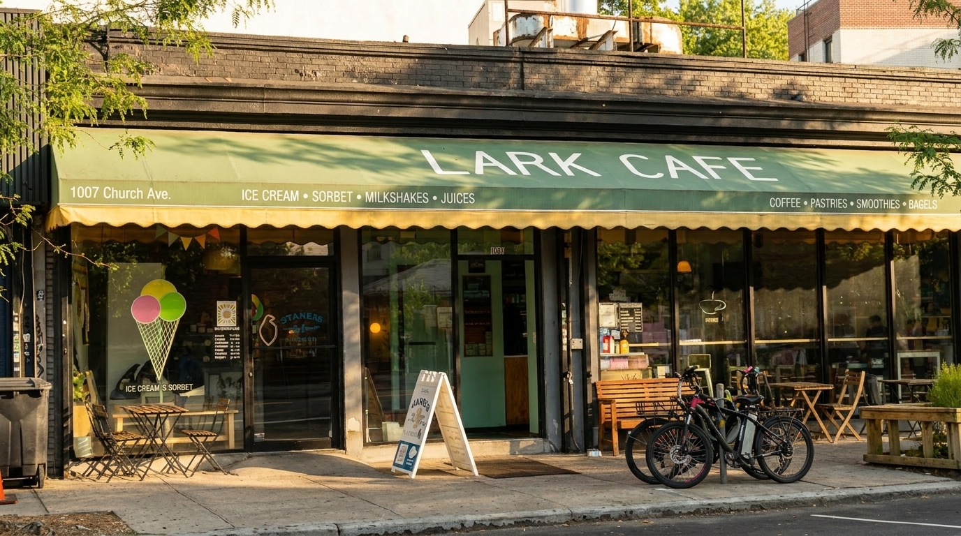 Exterior of Lark Cafe with a green awning, outdoor seating, and bicycles parked outside.