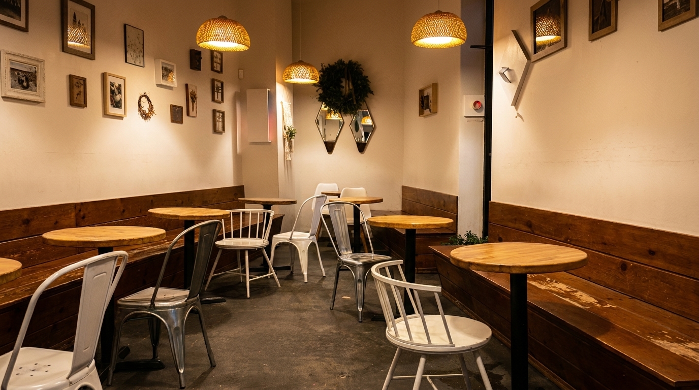 Cozy cafe interior with wooden benches, round tables, and eclectic framed art on light walls.