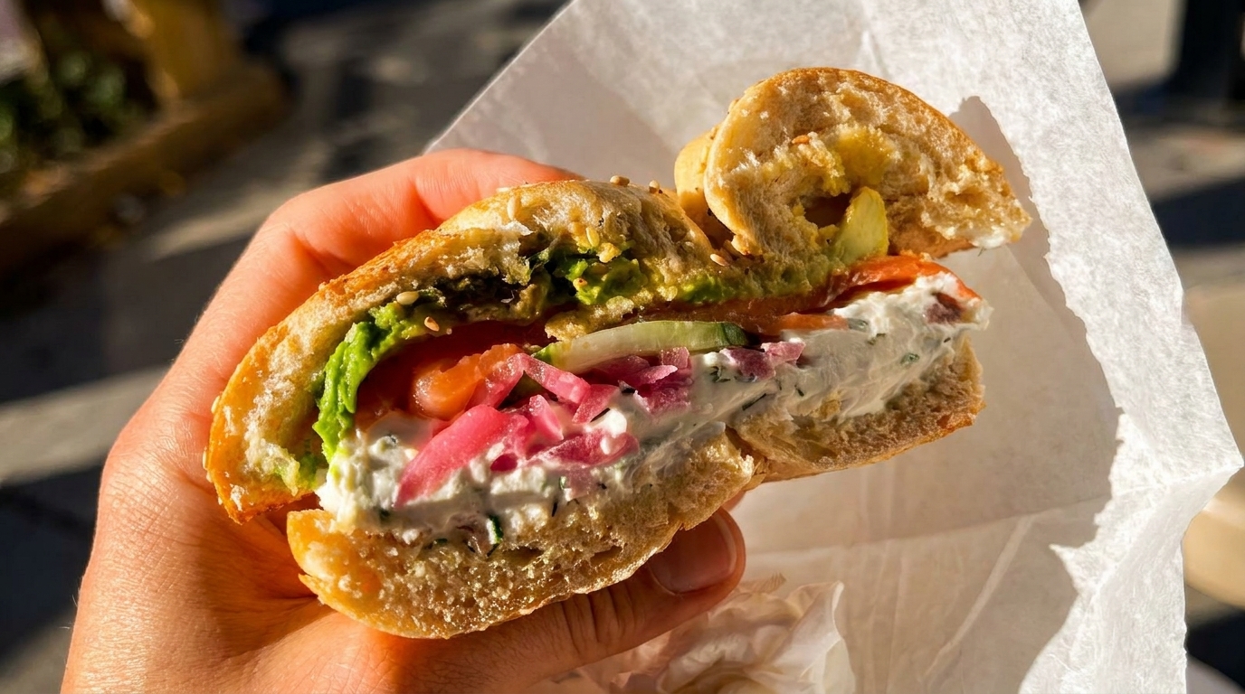 A hand holds a sliced bagel sandwich filled with cream cheese, salmon, avocado, and pickled onions.