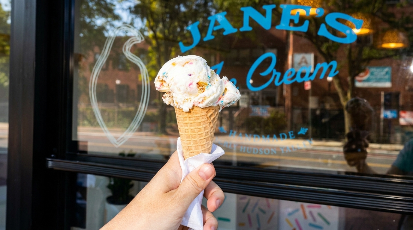 A hand holds a waffle cone with scoops of colorful ice cream in front of Jane's Ice Cream.