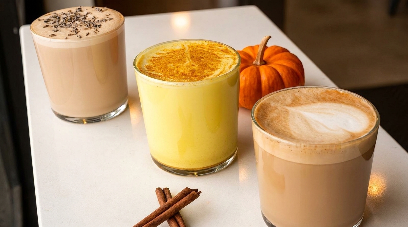Three autumn-themed lattes, one with lavender, one golden, and one with latte art, next to a pumpkin.