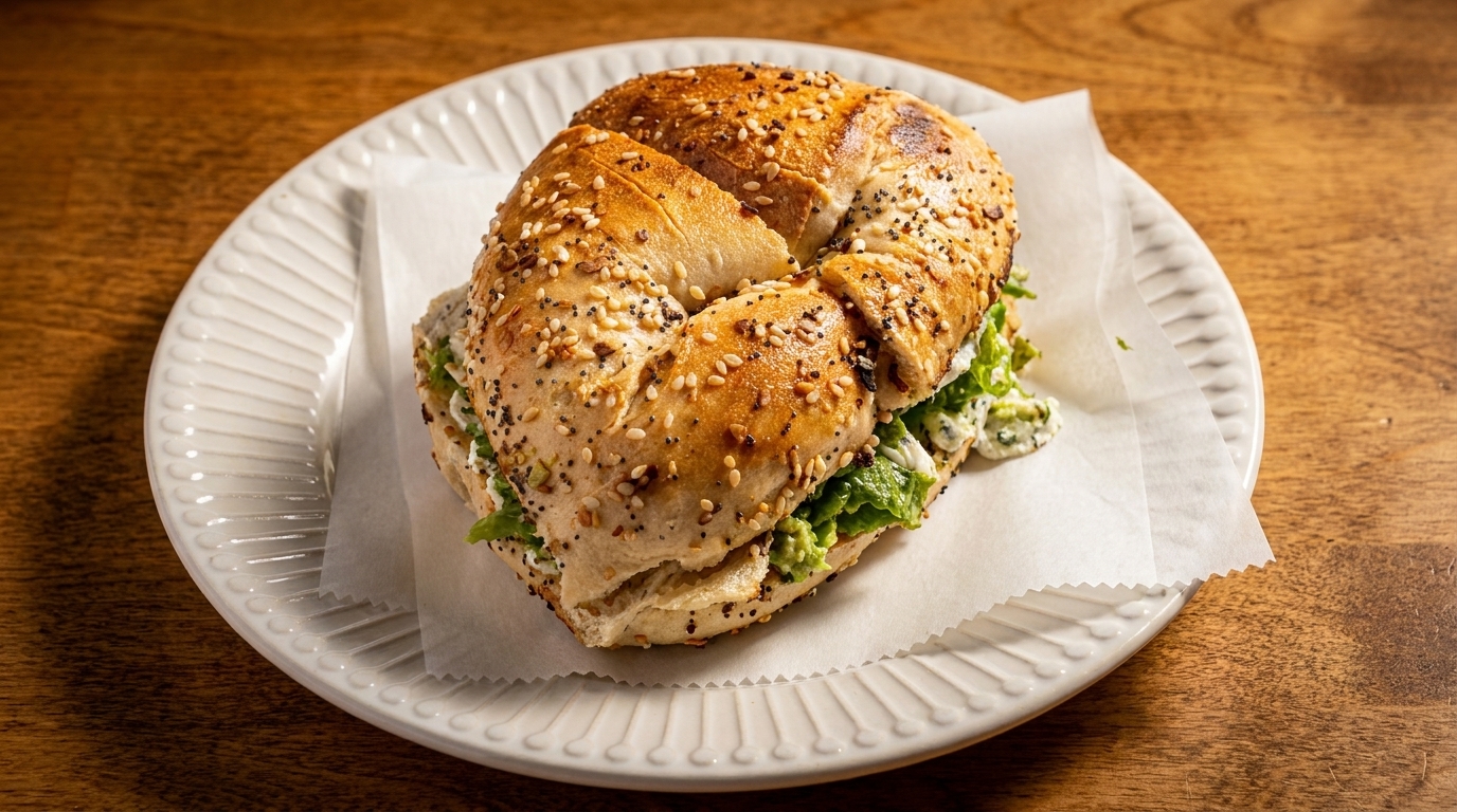 Everything bagel sandwich with cream cheese, avocado, and lettuce on a white plate.