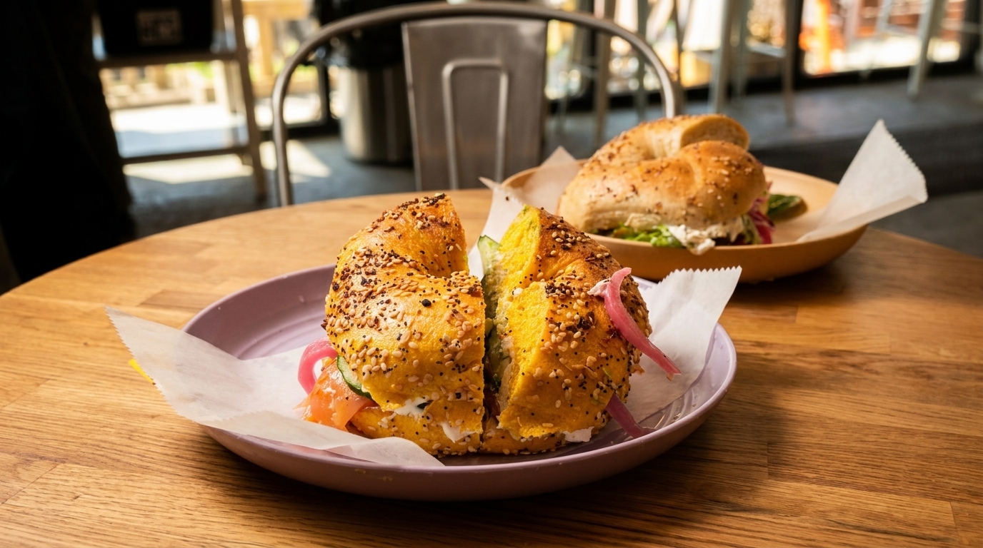 Two bagels on a wooden table, one with salmon and cream cheese, the other with greens.
