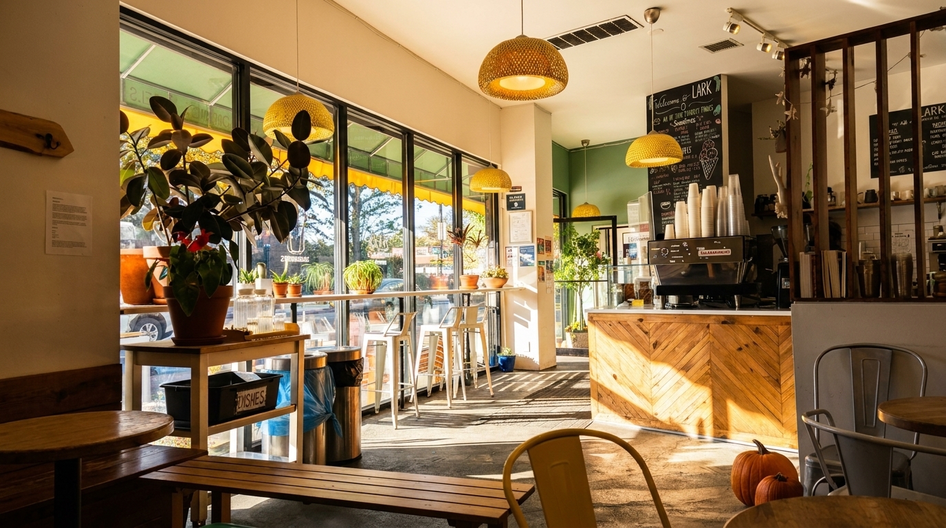 Sunny cafe interior with large windows, plants, wooden counter, and seating bathed in warm light.