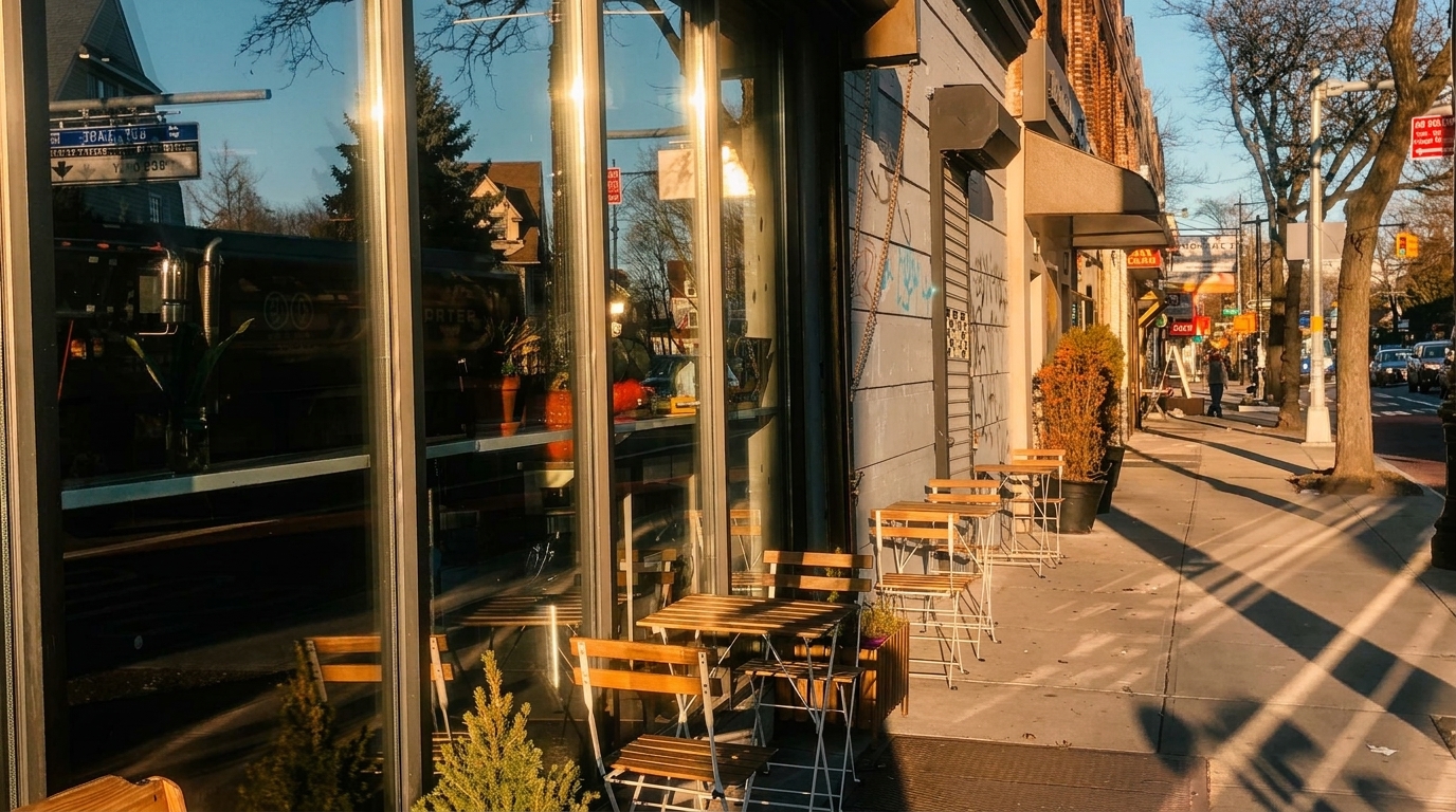 Sunny street view of a restaurant storefront with outdoor seating and reflections in the windows.