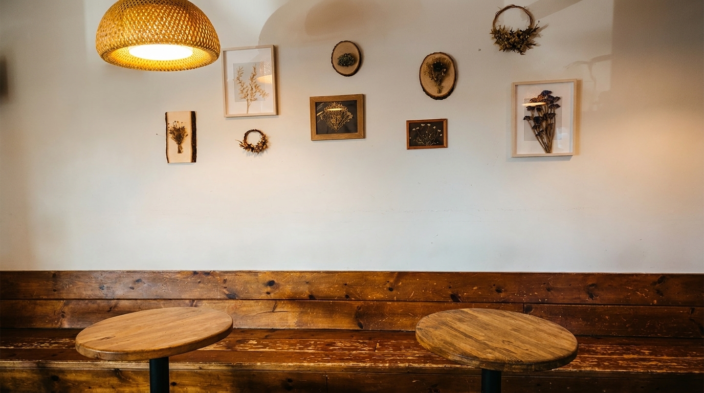 A cozy cafe interior with wooden tables, a bench, and framed dried floral art on a white wall.