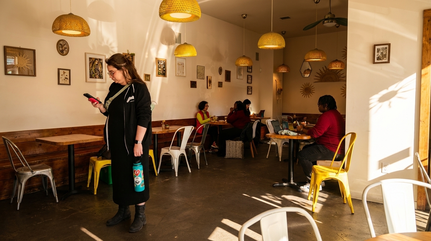 A woman stands in a sunlit cafe, looking at her phone, while other patrons sit at tables.