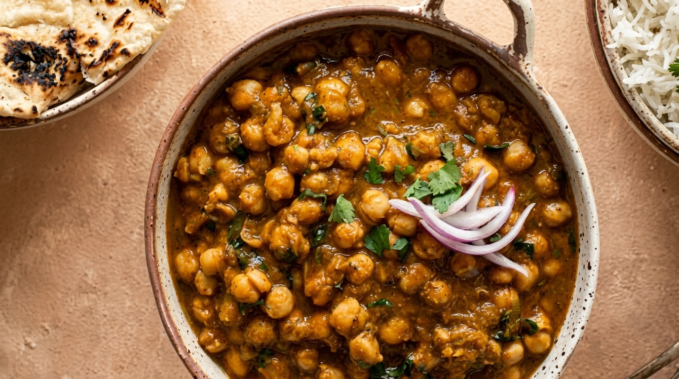 A bowl of chana masala with red onions and cilantro, with naan and rice on the side.