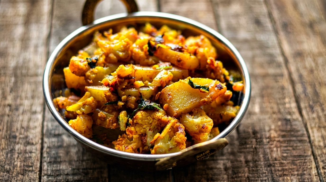 A metal bowl filled with golden-brown cauliflower and potato curry on a rustic wooden table.