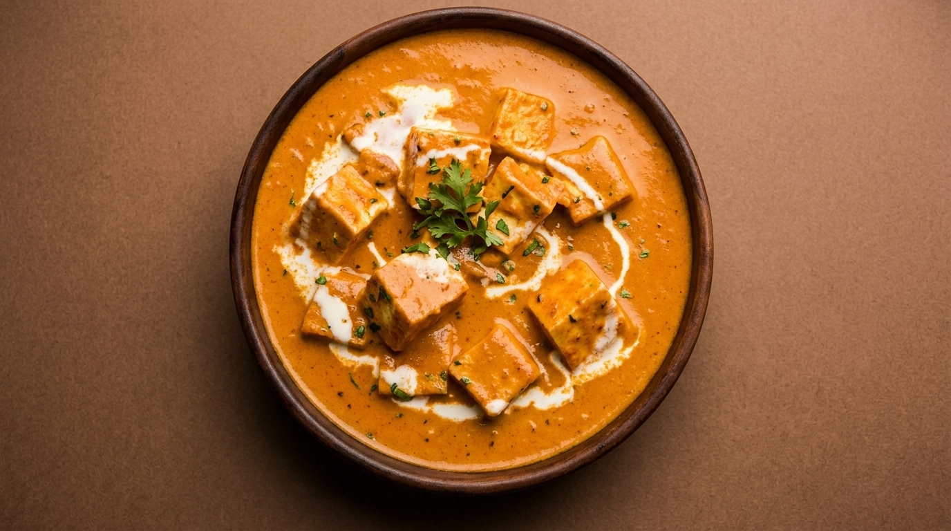 A bowl of paneer butter masala, garnished with cream swirls and fresh cilantro, on a brown surface.