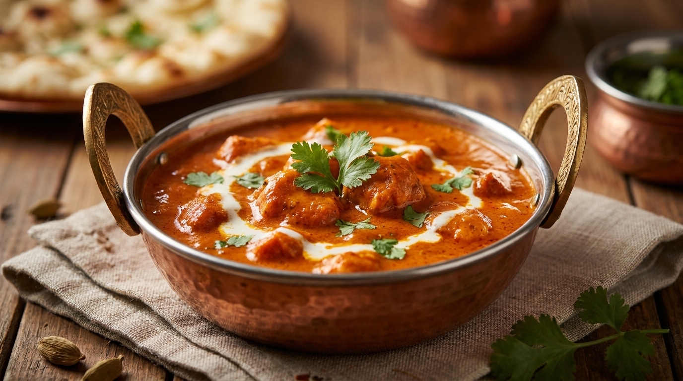 A copper bowl of butter chicken curry with cream swirls and cilantro, with naan bread in the background.