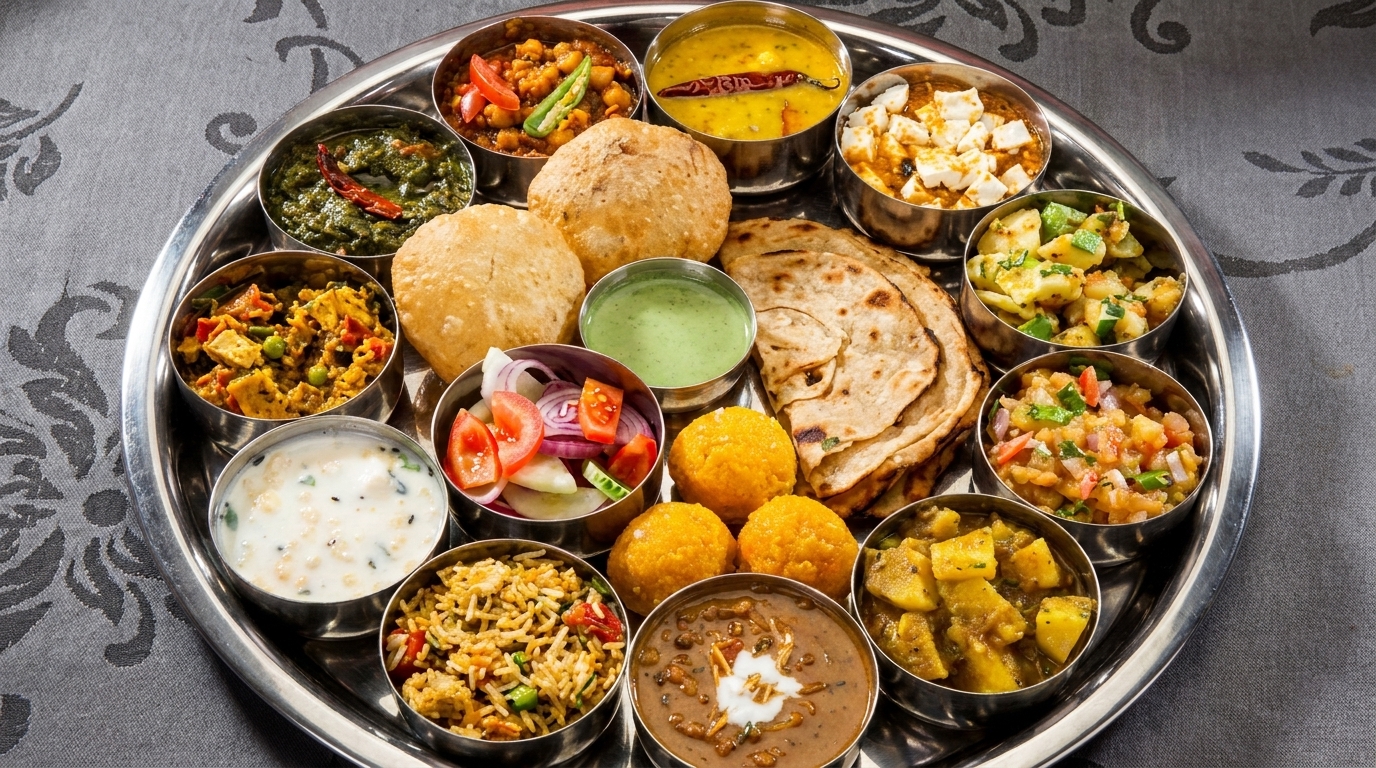 A large silver thali platter filled with various Indian dishes, including curries, bread, rice, and sweets.