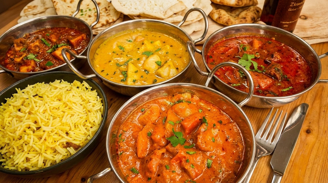 Five bowls of colorful Indian curries and rice, with naan bread and cutlery on a wooden table.