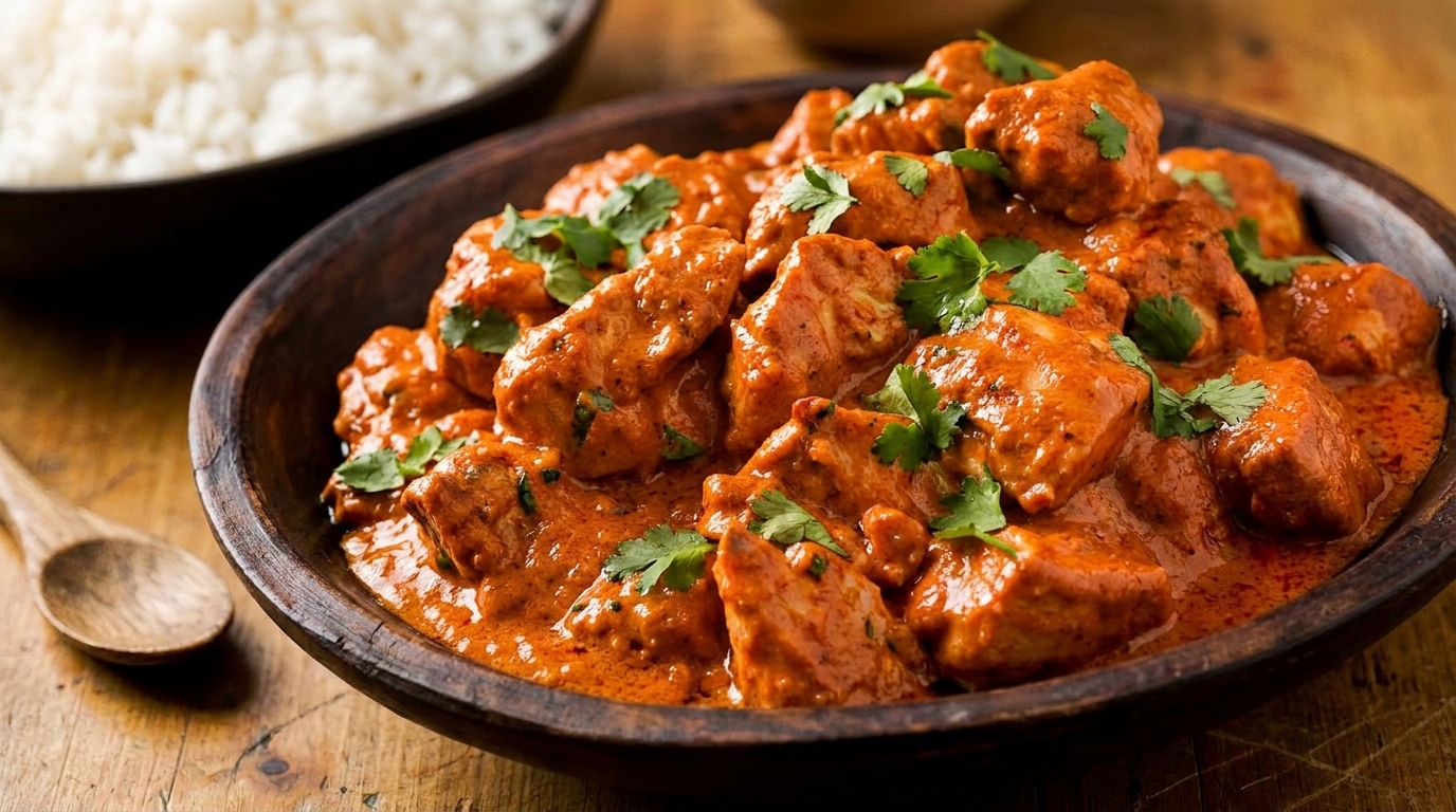 Chicken tikka masala in a wooden bowl with cilantro garnish, served with white rice.