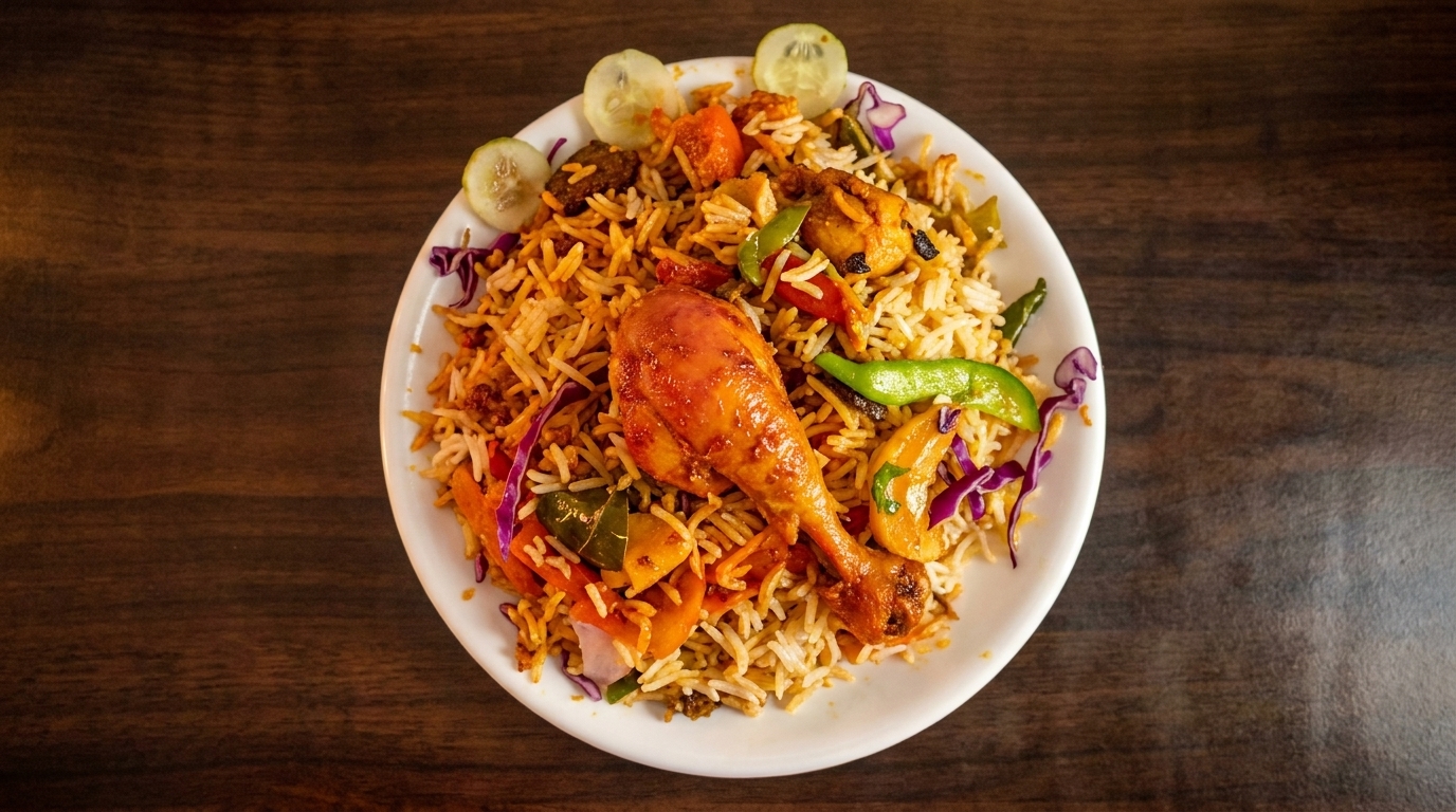 Chicken biryani with vegetables and lime slices on a white plate, on a wooden table.